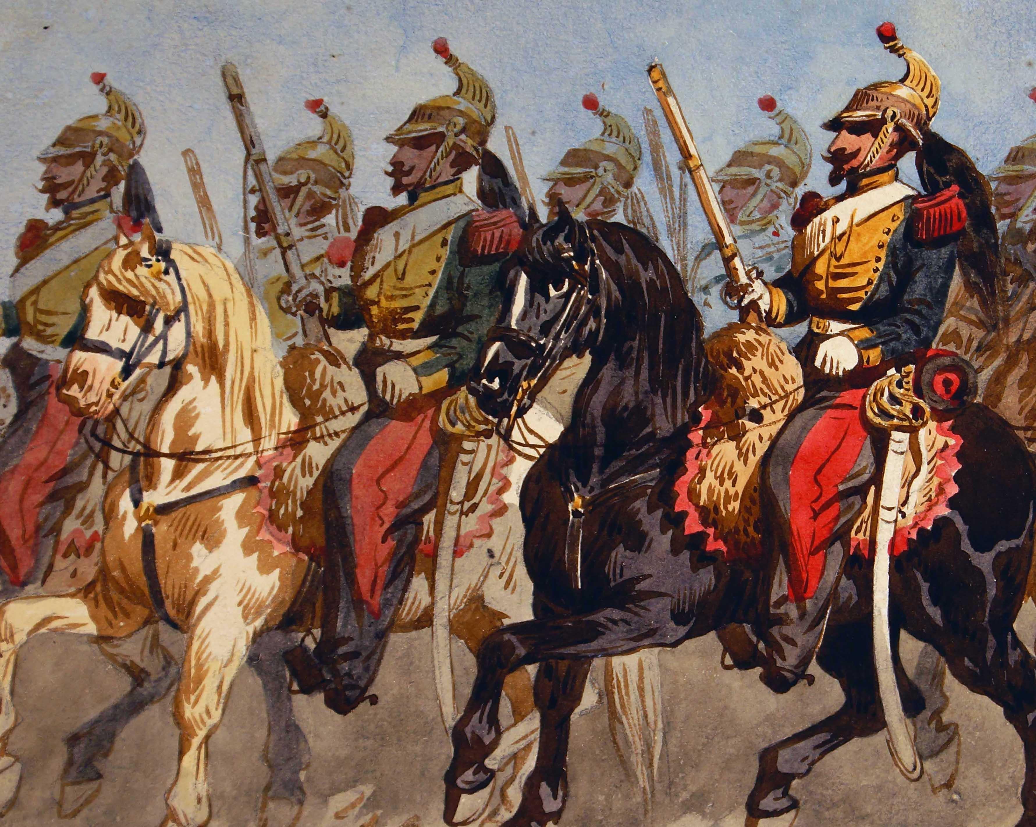 Batalla, caballeros a caballo - Tinta china y acuarela de T. Fort - Década de 1840 - Art de Theodore Fort