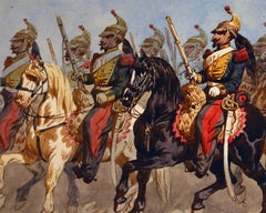 Schlacht, Ritter auf Pferden – China-Tinte und Aquarell von T. Fort – 1840er Jahre