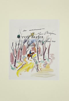 Encre et aquarelle « Chevalier dans le Bois » de Yves Brayer, 1968