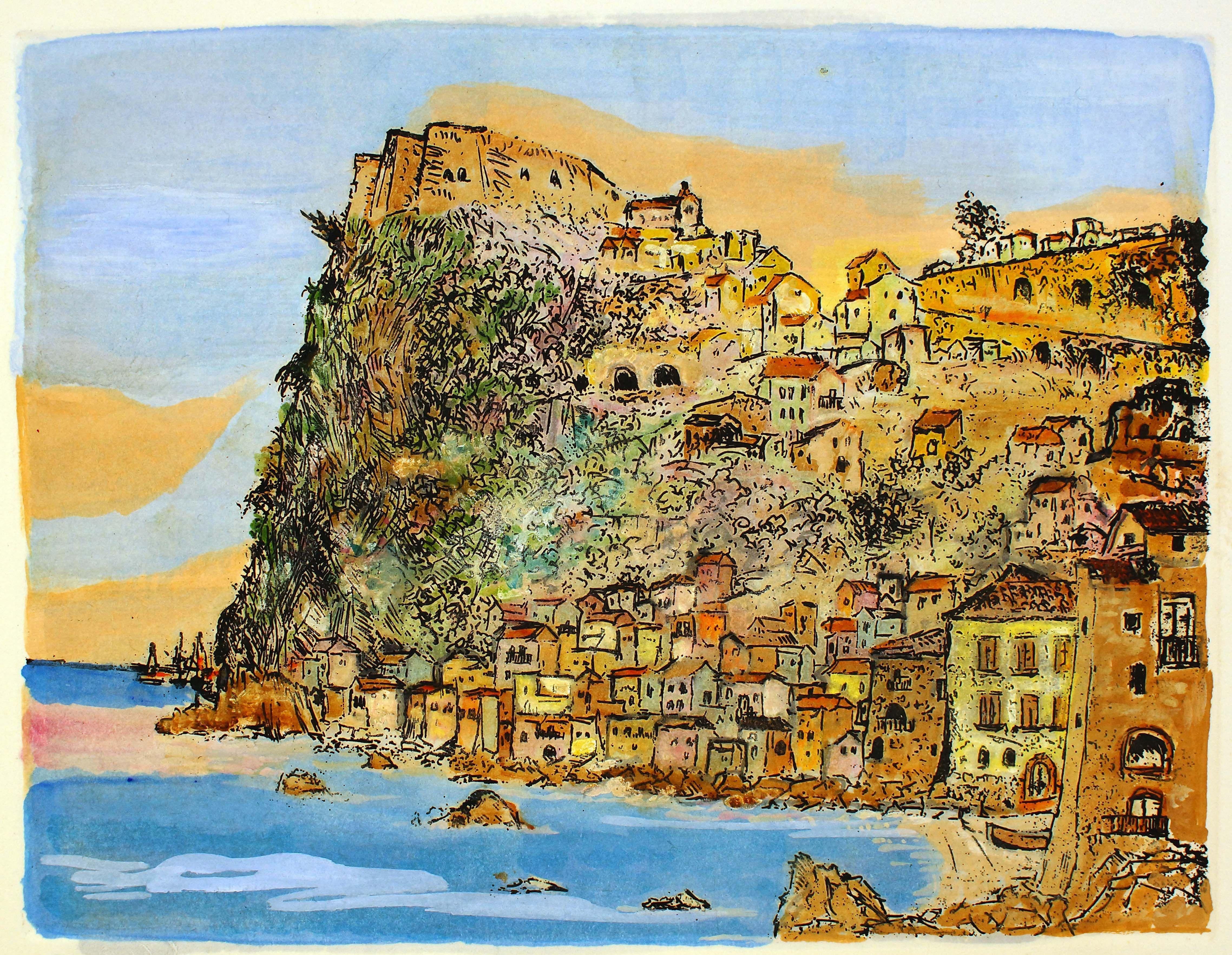 Giovanni Omiccioli Figurative Print – Scilla, Landschaft - Land und Küste - Radierung und Aquarell von G. Omiccioli