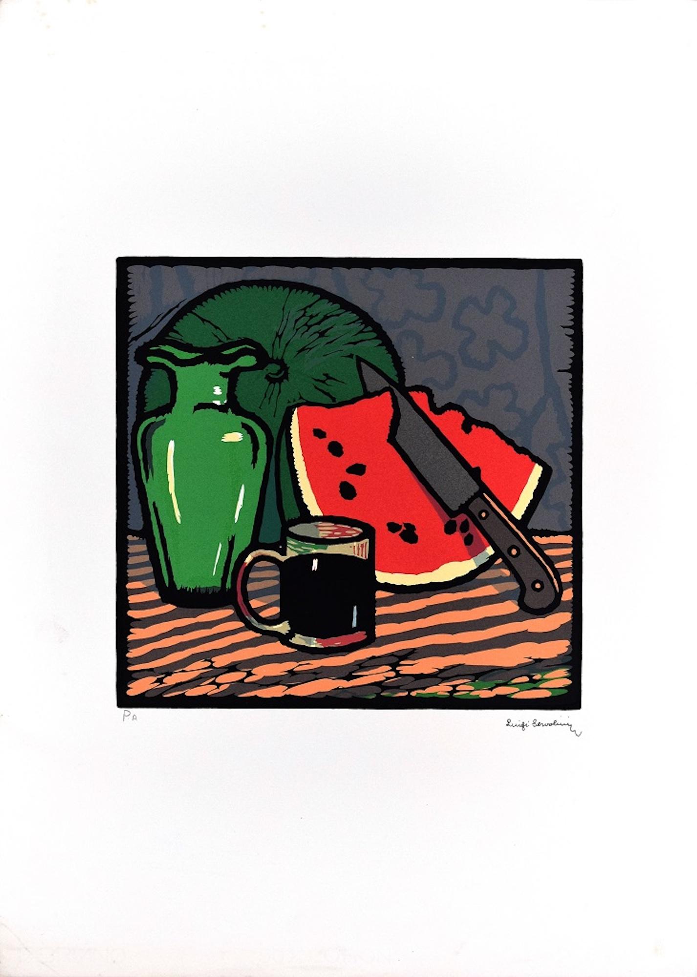 Still Life with Watermelon - Woodcut Print by L. Servolini - 1977 - Black Still-Life Print by Luigi Servolini