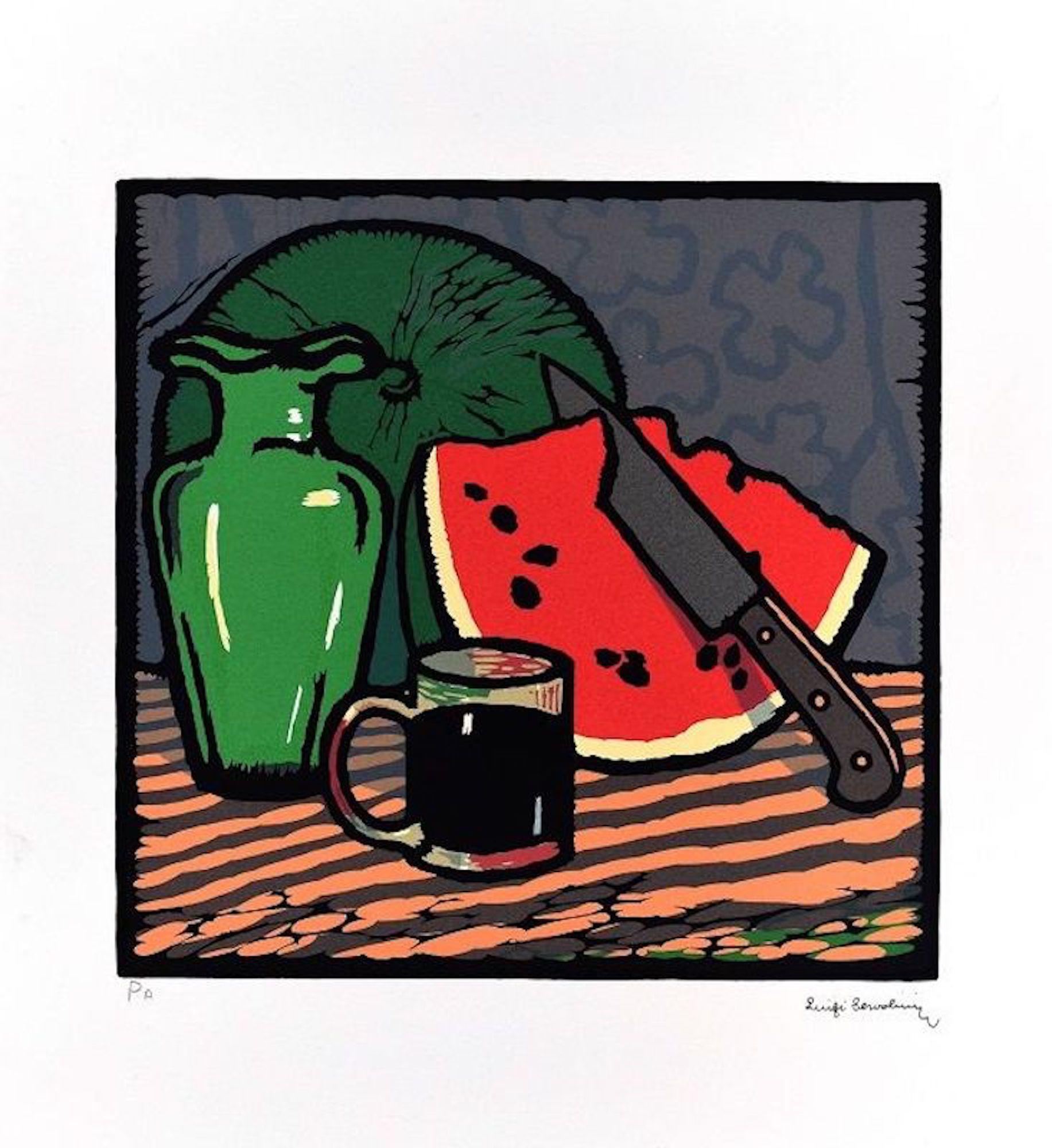 Luigi Servolini Still-Life Print - Still Life with Watermelon - Woodcut Print by L. Servolini - 1977