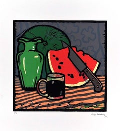 Retro Still Life with Watermelon - Woodcut Print by L. Servolini - 1977