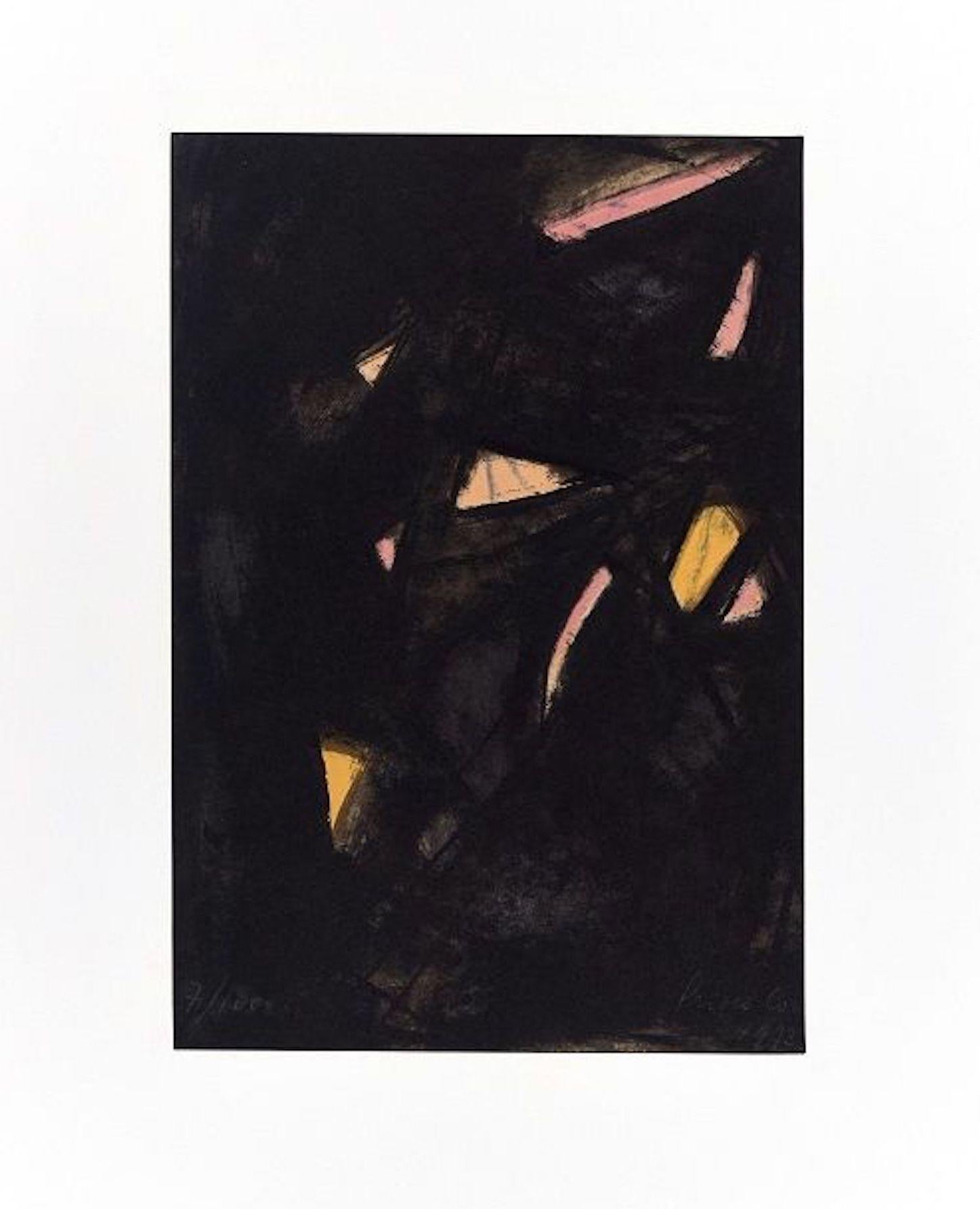Composizione senza titolo è un'interessante litografia originale a colori su carta color crema realizzata nel 1973 dall'artista italiano Primo Conti (1900-1988).

La stampa originale, che rappresenta una composizione astratta colorata, è firmata a