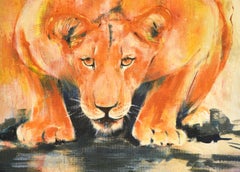 Lioness by the Water - Oil on Canvas by Marij Hendrickx - Early 2000s