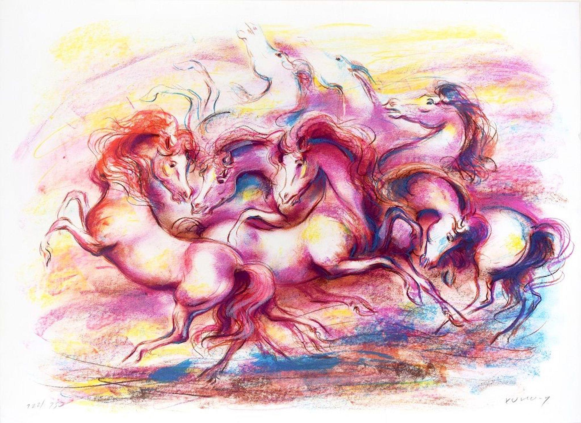 Horses is a beautiful colored lithograph on paper, realized in 1988 by the Yugoslav artist, Jovan Vulic (1951).

Hand-signed and numbered in pencil on the lower margin.Edition of 150 prints.

This contemporary artwork with a naif style and