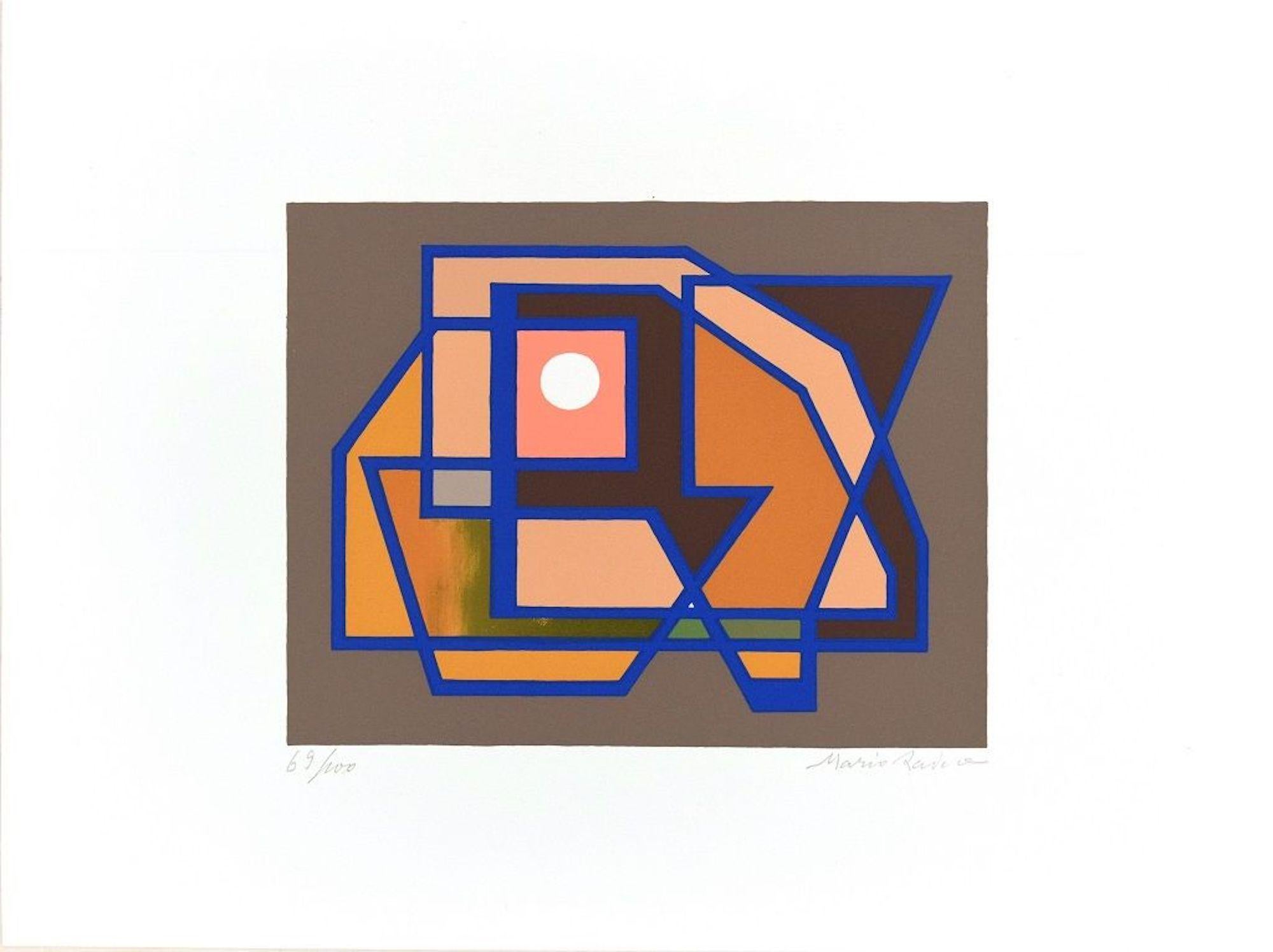Image dimensions: 19 x 24 cm.

Il Sole is a beautiful original colored serigraph on paper, realized by the Italian artist and one of the pioneer of the Abstract art, Mario Radice (1898-1987) and published in 1964 by La Nuova Foglio, as an