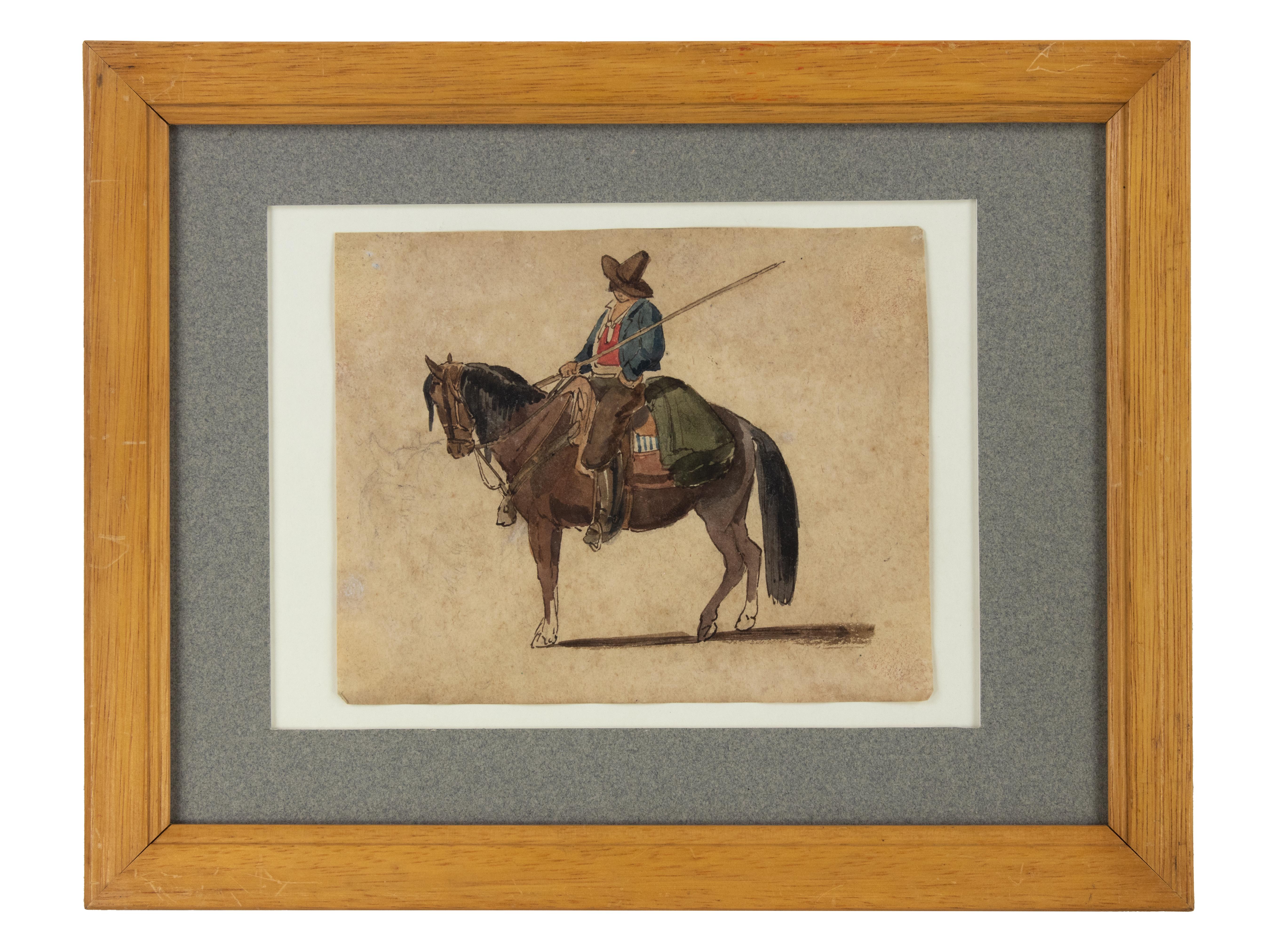 A Cowboy on the Horse - nk and Watercolor by C. Coleman - Late 1800 - Art by Charles Coleman