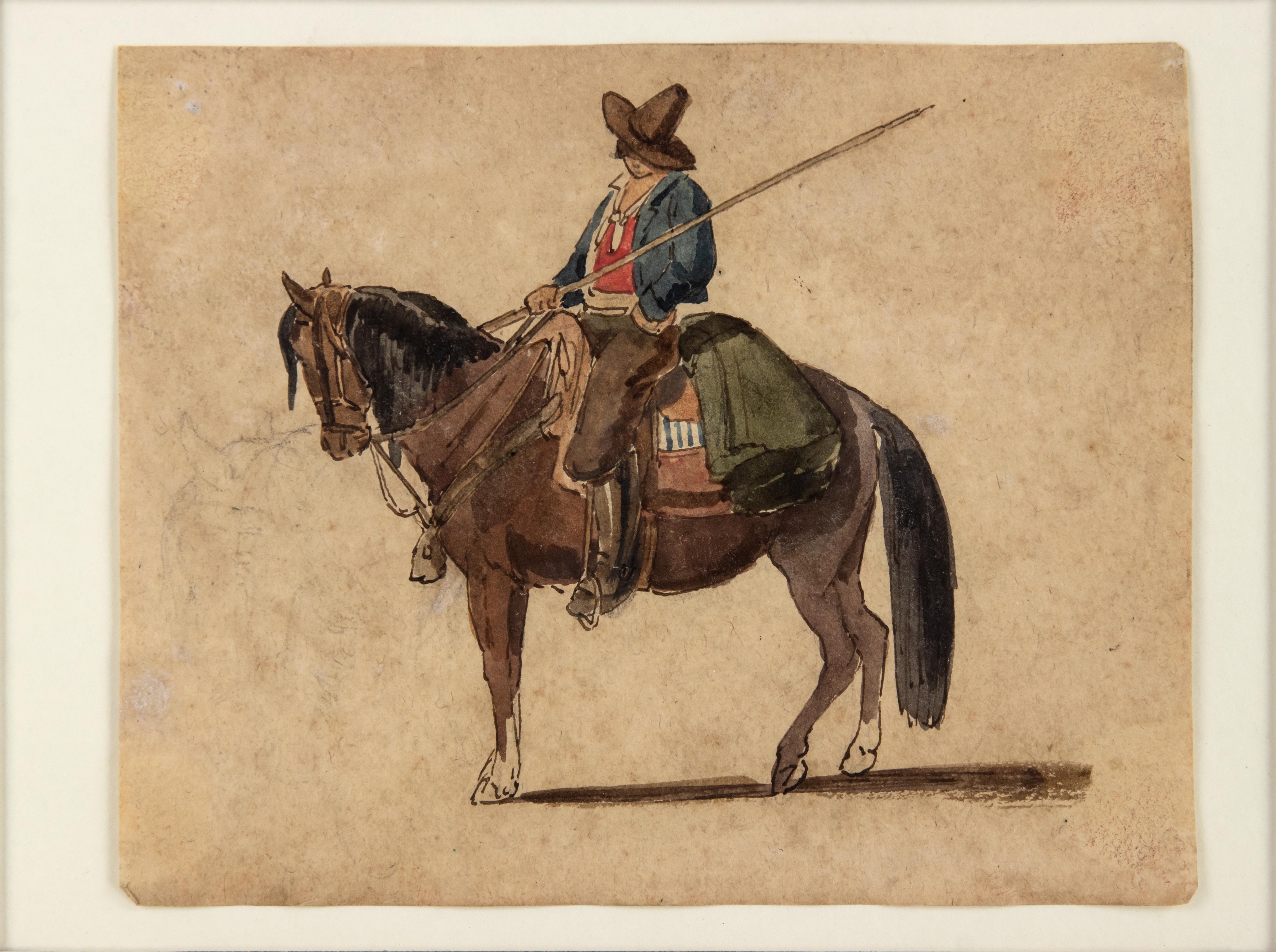 Charles Coleman Figurative Art - A Cowboy on the Horse - nk and Watercolor by C. Coleman - Late 1800