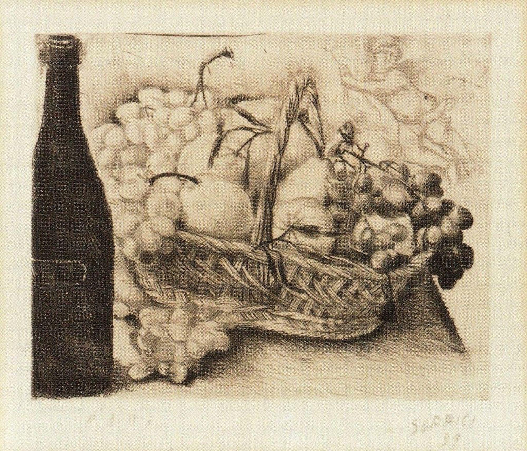 Ardengo Soffici Still-Life Print - Untitled, Still Life - Original Etching and Drypoint by A. Soffici - 1939