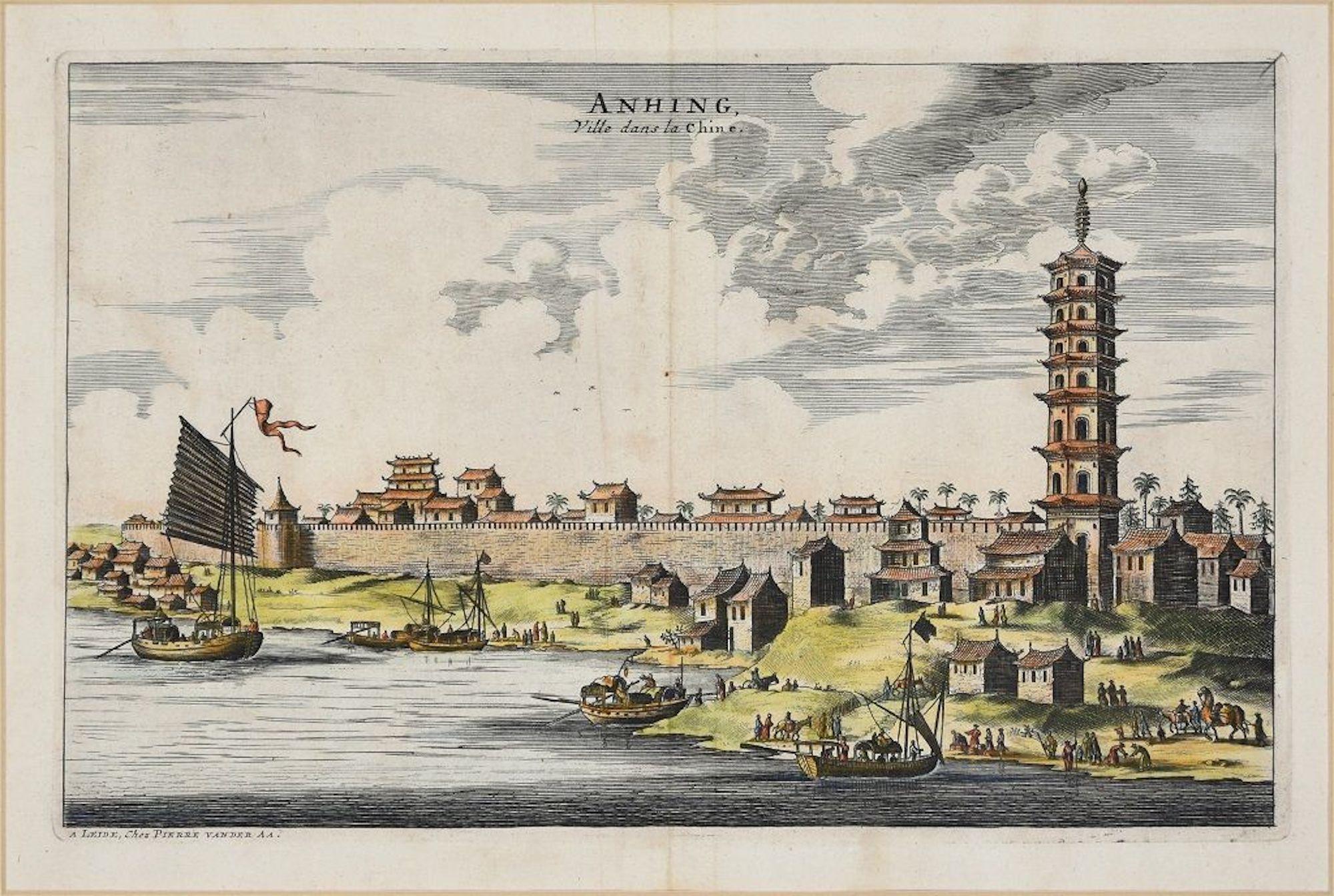 Pieter Van Der Aa Landscape Print - View Of Anning - Original Hand Watercolored Etching by A. Leide