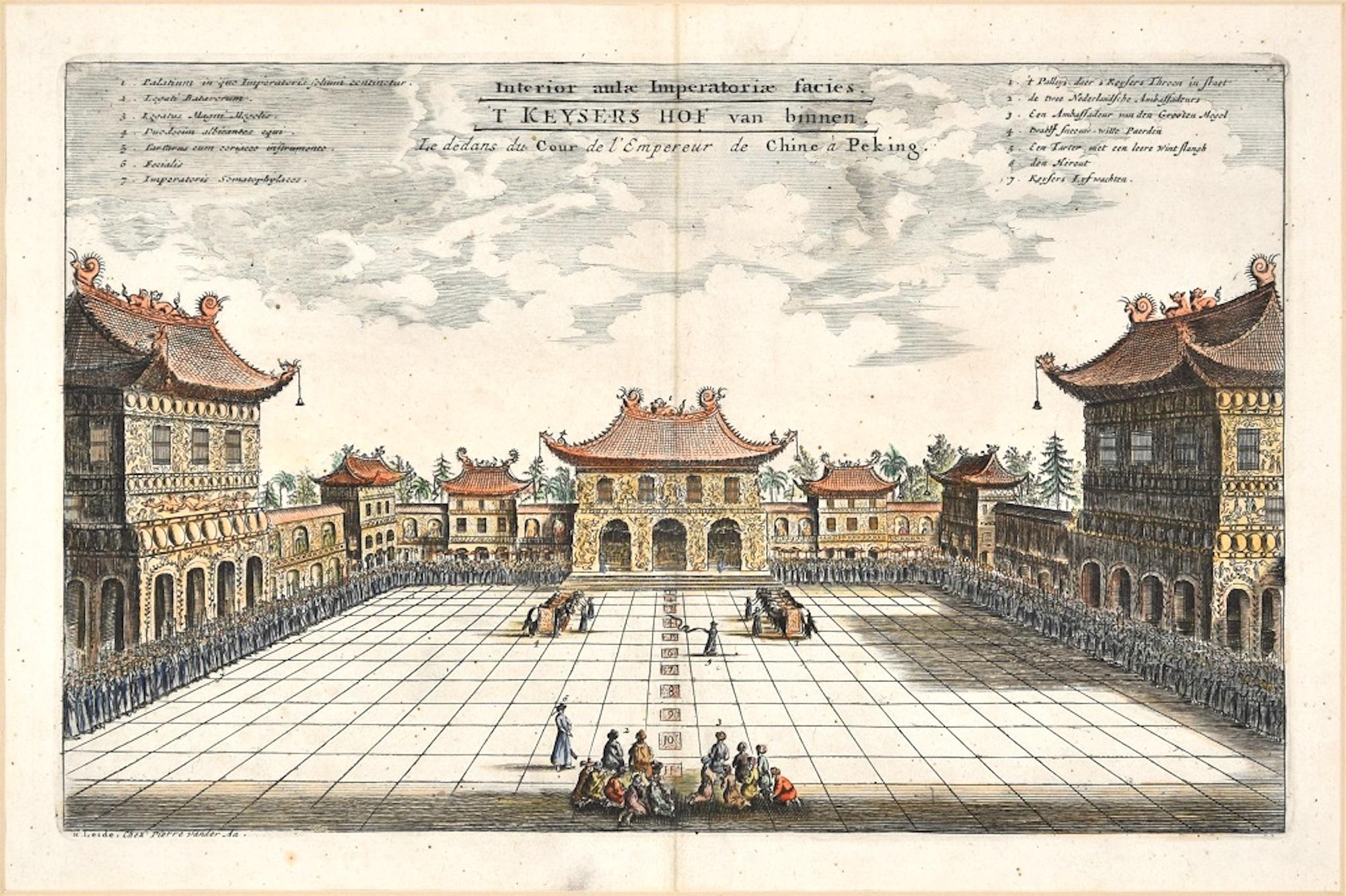 Pieter Van Der Aa Figurative Print - The Chinese Imperial Palace - Original Hand Watercolored Etching by A. Leide