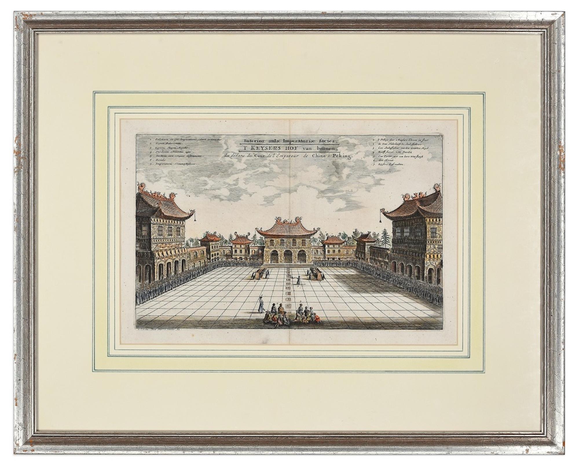 The Chinese Imperial Palace - Original Hand Watercolored Etching by A. Leide - Print by Pieter Van Der Aa