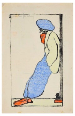 Figure with Blue Beanie - Original Woodcut by J. Bodley - Early 1900