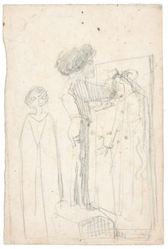 Une Chambre - Original Pencil Drawing by Unknown French Artist Late 1800