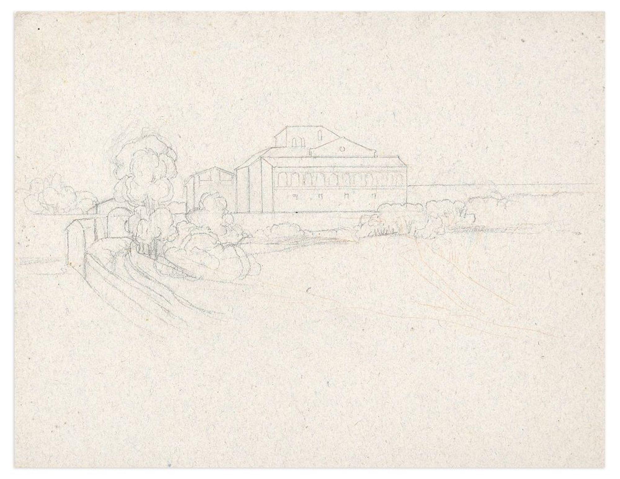 Michel Dumas Figurative Art – Landschaft und Mutterschaft – Bleistiftzeichnung von M. Dumas – 1850er Jahre