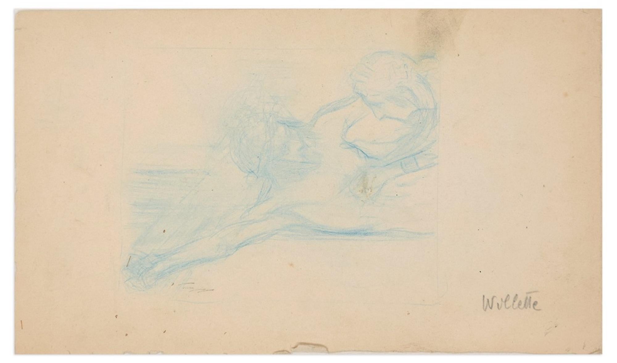 Adolphe Willette  Figurative Art - Study for Crucifix - Original Drawing by A. Willette - End of 19th Century
