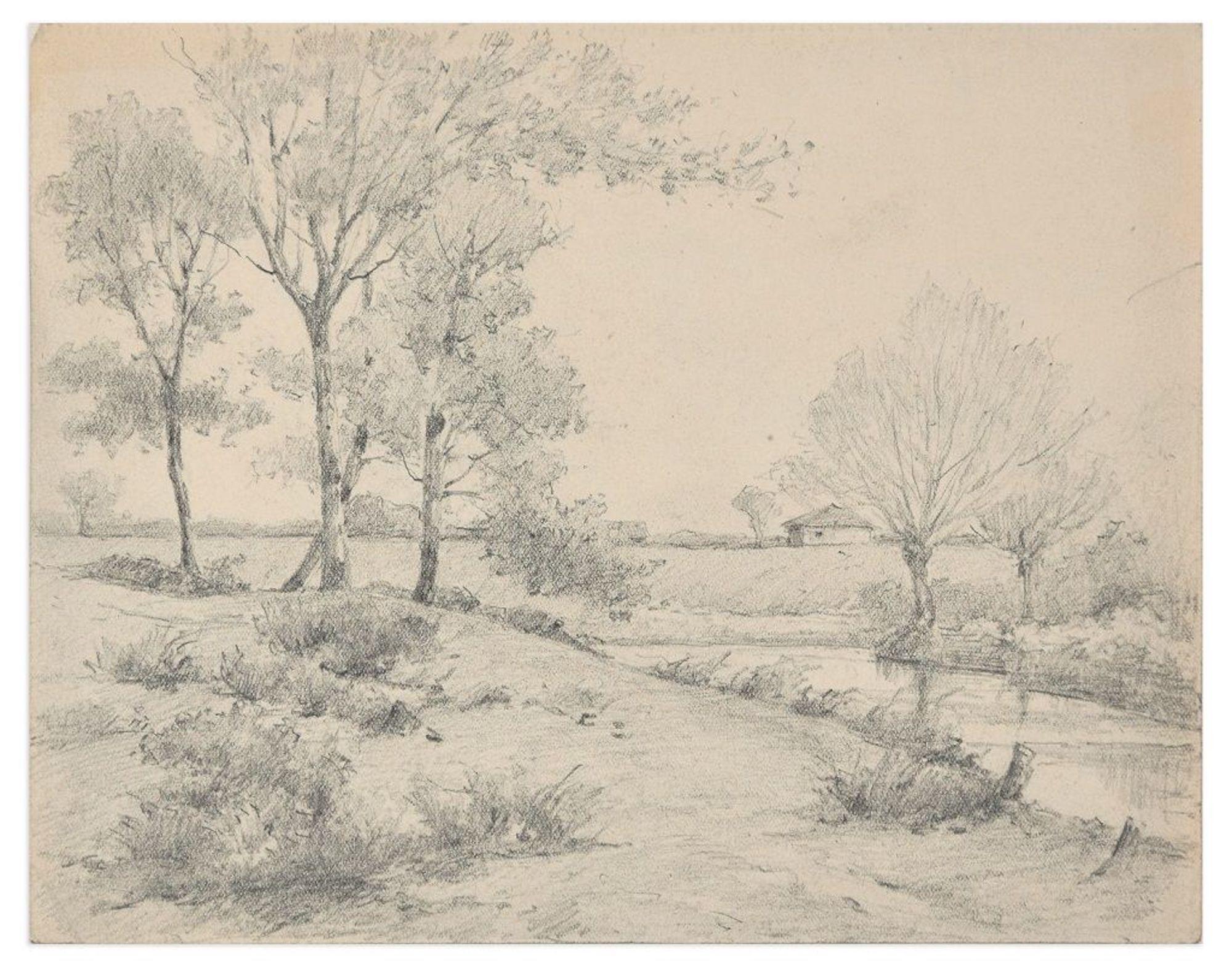 Emile-Louis Minet Landscape Art – Countryside with Trees and River - Charcoal by E.-L. Minet - Early 1900