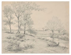 Countryside with Trees and River - Charcoal by E.-L. Minet - Early 1900