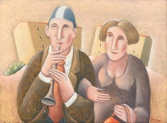 Primo Flauto e Signora - Óleo original sobre tabla de madera de C. Benghi -