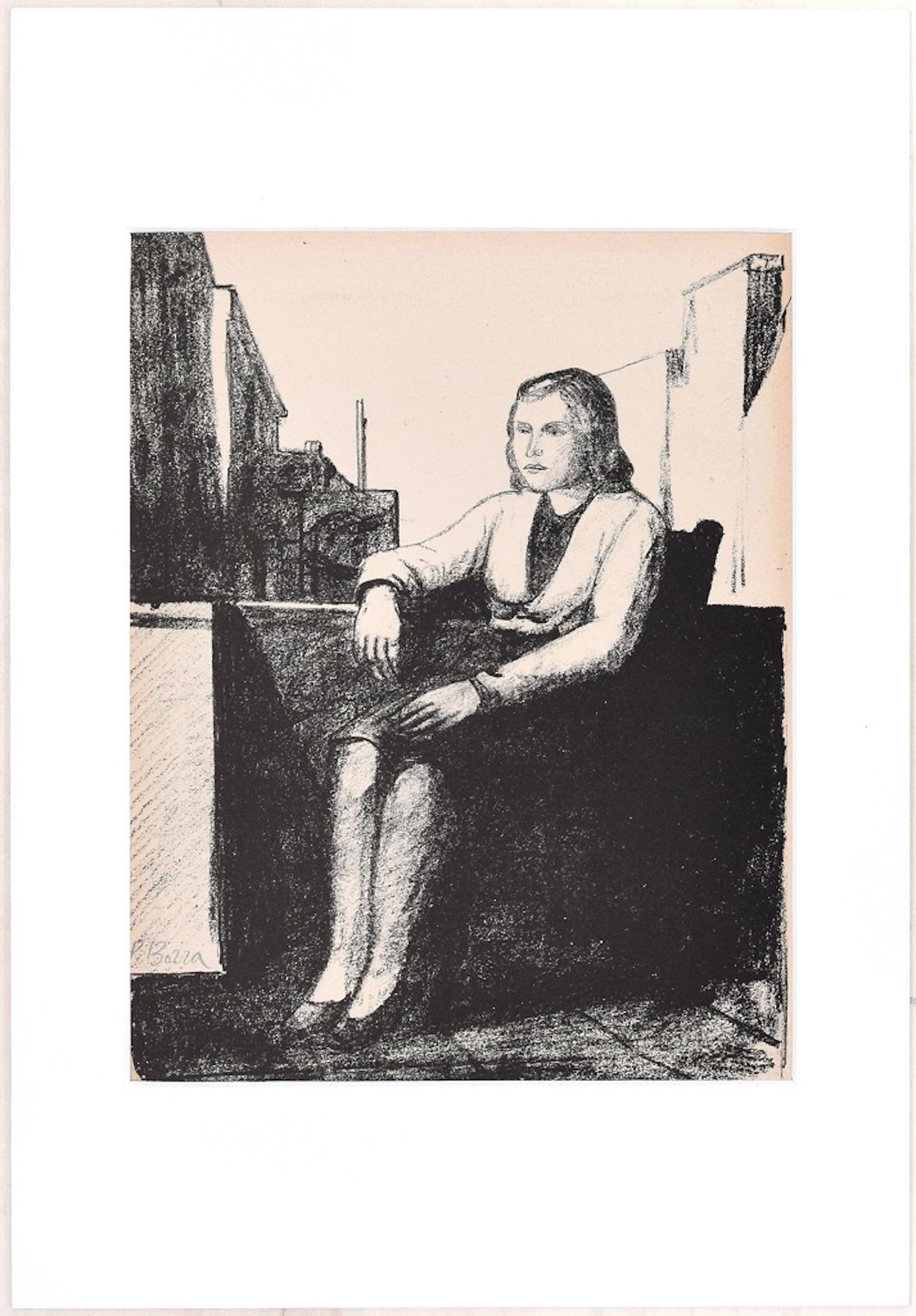 Donna seduta - Litografia originale di P. Borras - Anni '50 - Print di Pompeo Borra