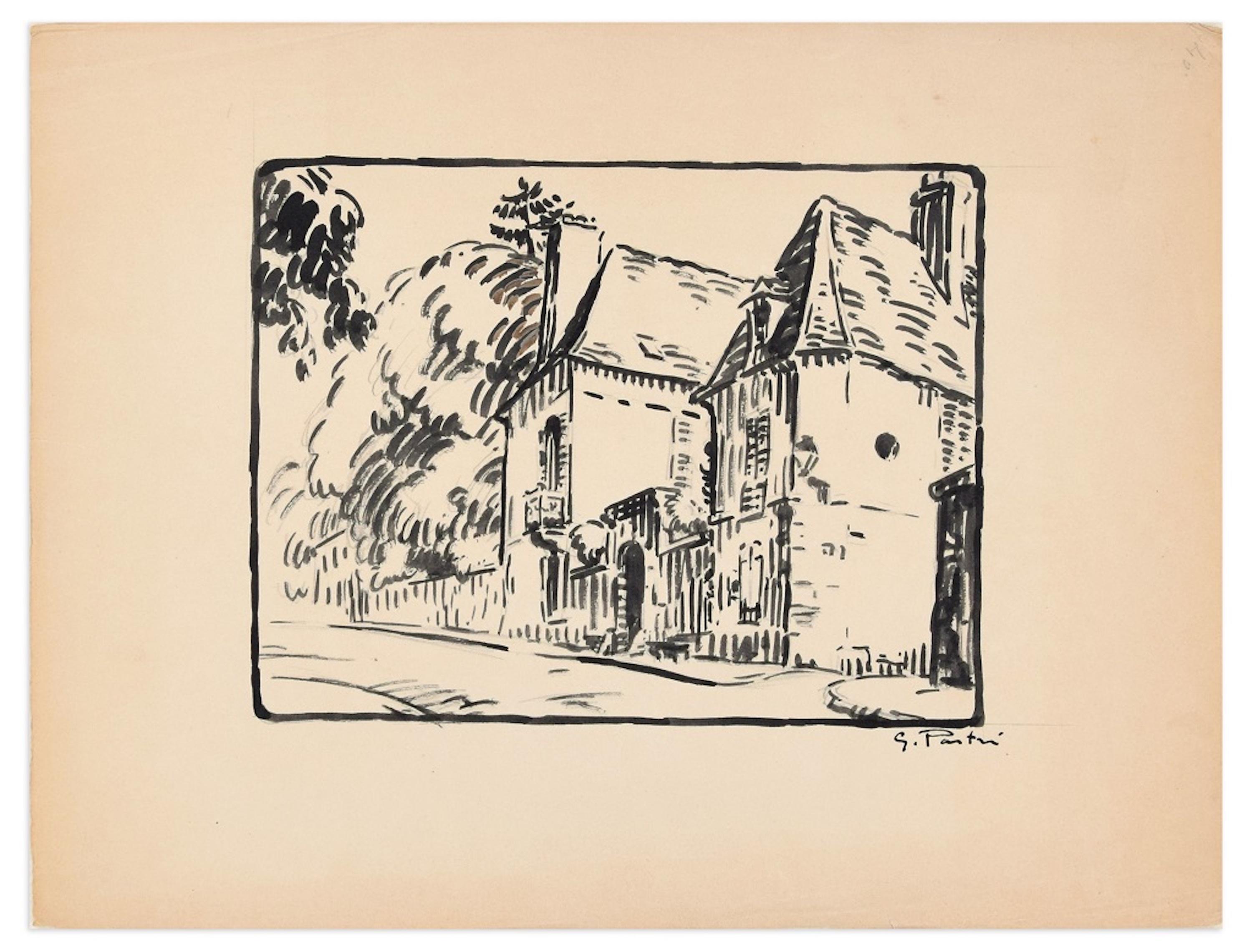 Figurative Art di Gaston Pastre - Le capanne - Disegno originale a inchiostro di China di G. Pastre - Anni '30