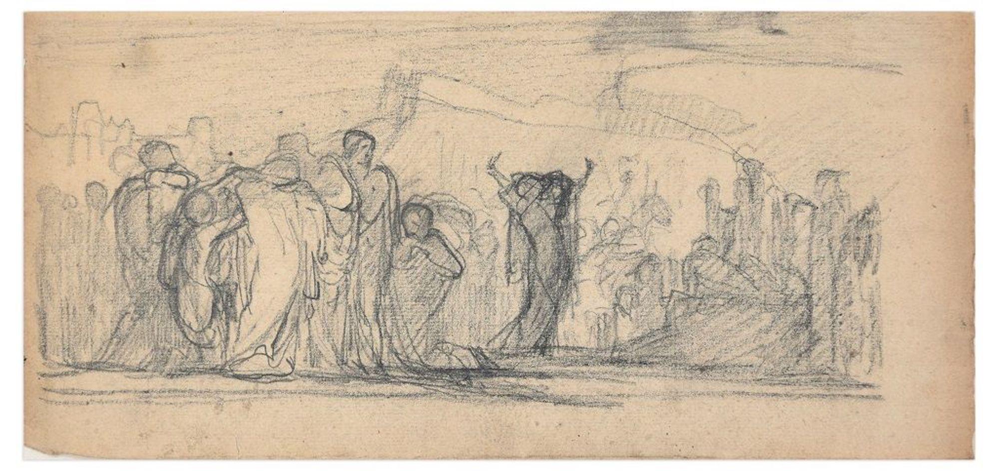 Unknown Figurative Art - The Forum - Original Charcoal Drawing by French Artist End of 19th Century