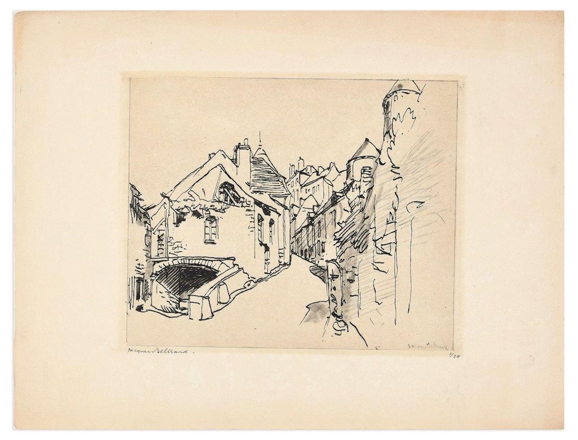 Jacques Beltrand Landscape Print - The Village - Original Etching on Paper by J. Beltrand - Early 20th Century
