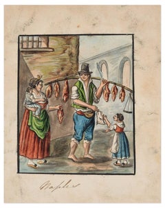 The Butcher - Original Ink and Watercolor by Anonymous Neapolitan Master - 1800