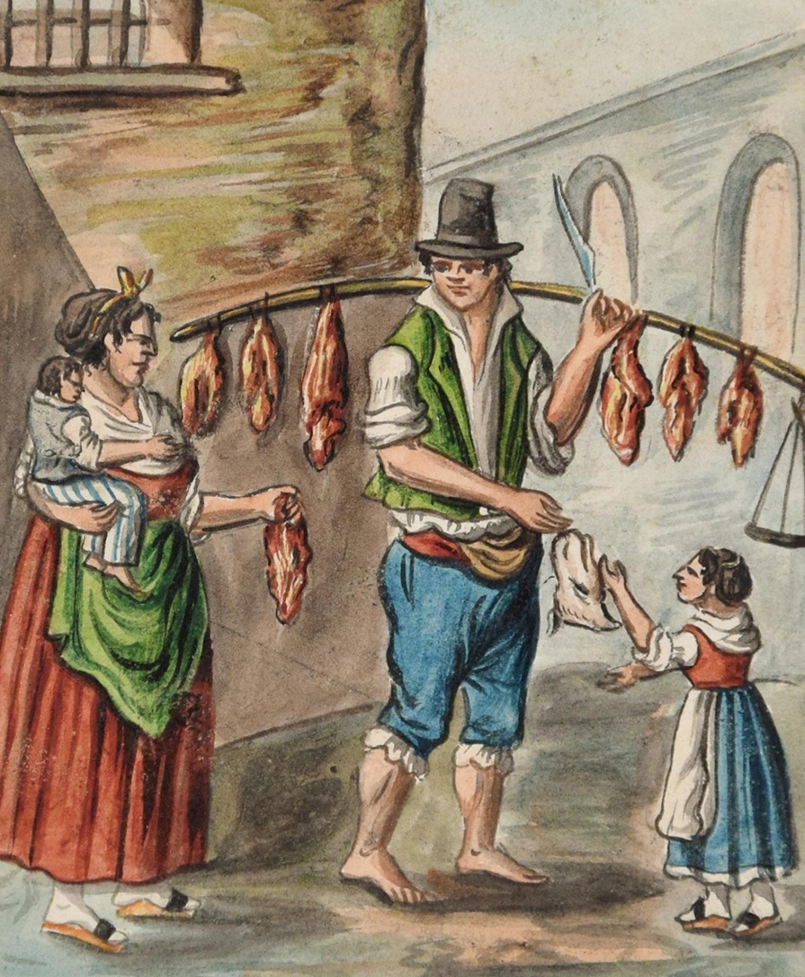 The Butcher - Original Ink and Watercolor by Anonymous Neapolitan Master - 1800 - Art by Unknown