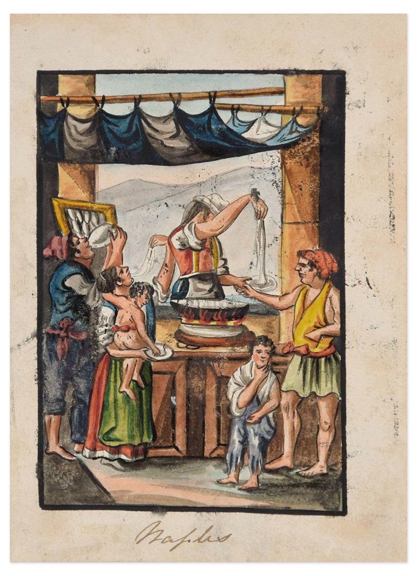 Unknown Figurative Art - Food Seller - Original Ink and Watercolor by Anonymous Neapolitan Master - 1800