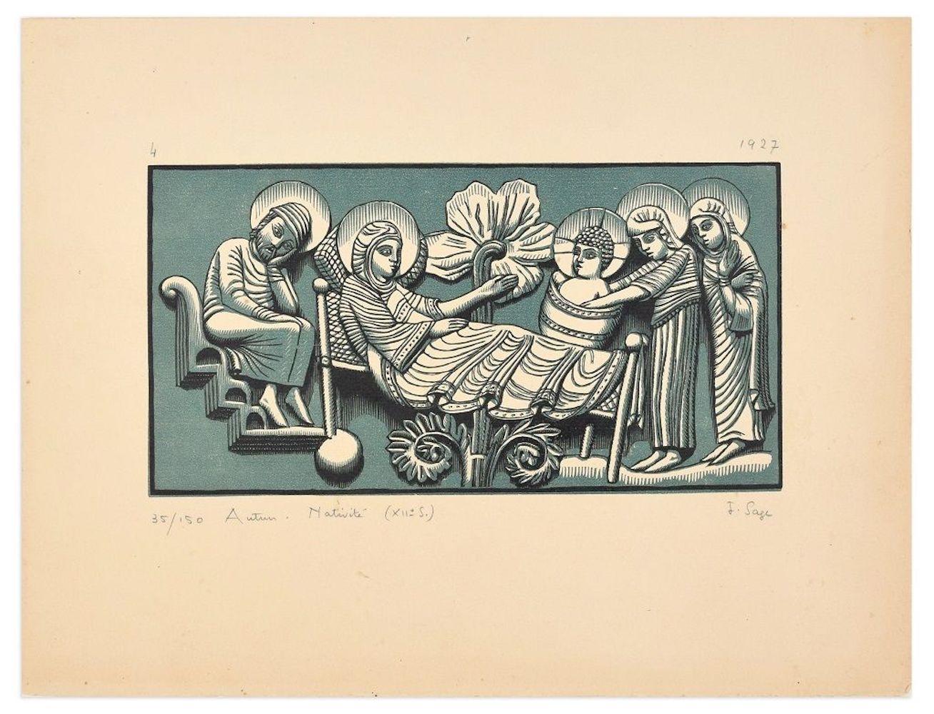 Isidore Sage Figurative Print - Nativité - Original Woodcut Print by I. Sage - 1927
