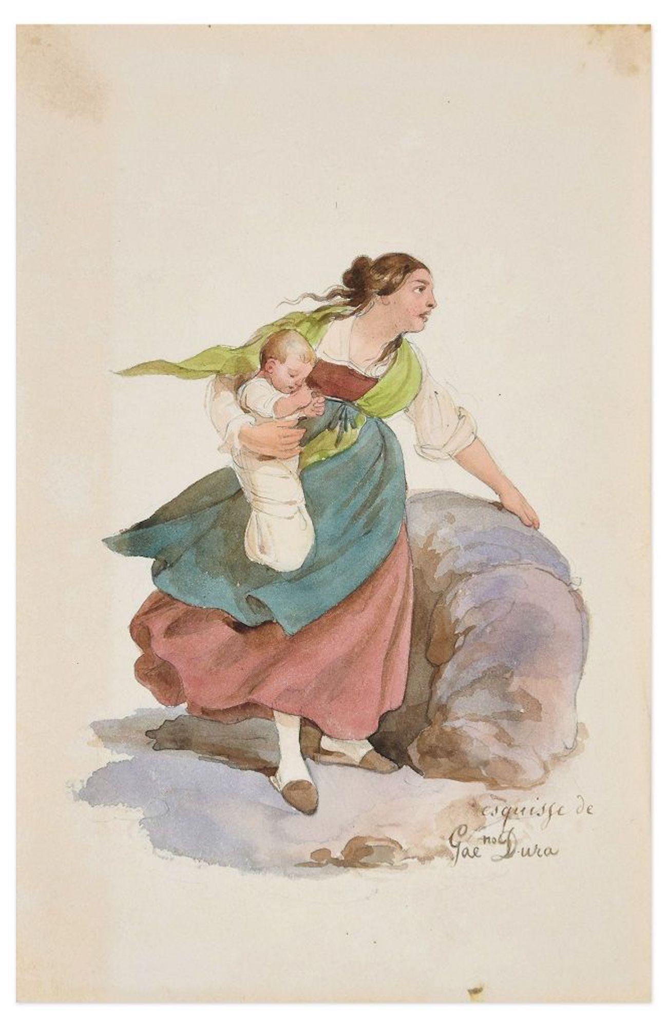 Woman - Original Ink Drawing and Watercolor by G. Dura - 19th Century