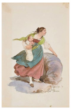 Donna - Disegno originale a inchiostro e acquerello di G. Dura - XIX secolo