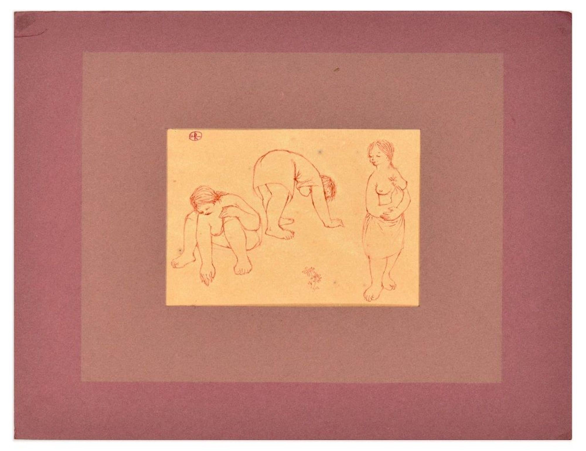 Three Nudes - Original Red Pen on Paper by Unknown French Artist Early 1900