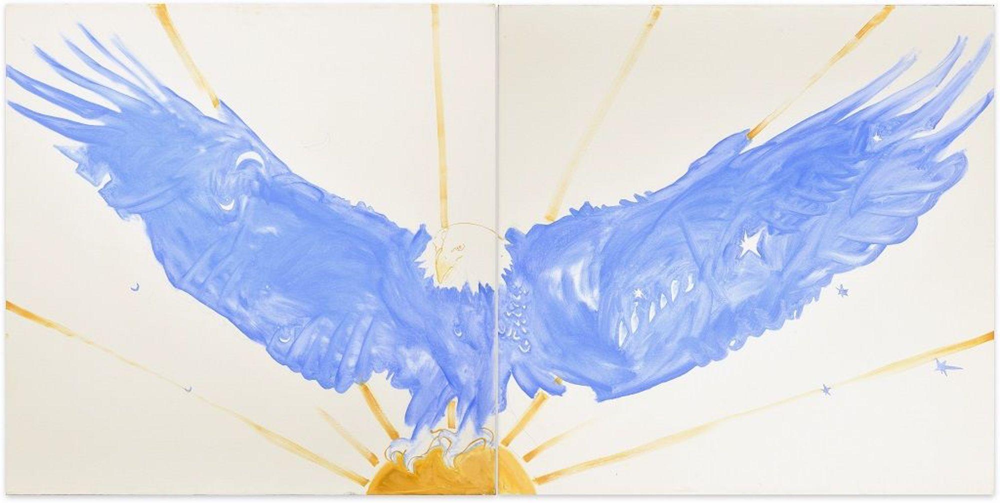 Eagle is an original artwork realized in 2019 by Anastasia Kurakina.

Original oil painting on canvas. The artwork is characterized by two single canvases (100 x 100 cm each one) that form a diptych. 

Signature and date on the back.

In excellent