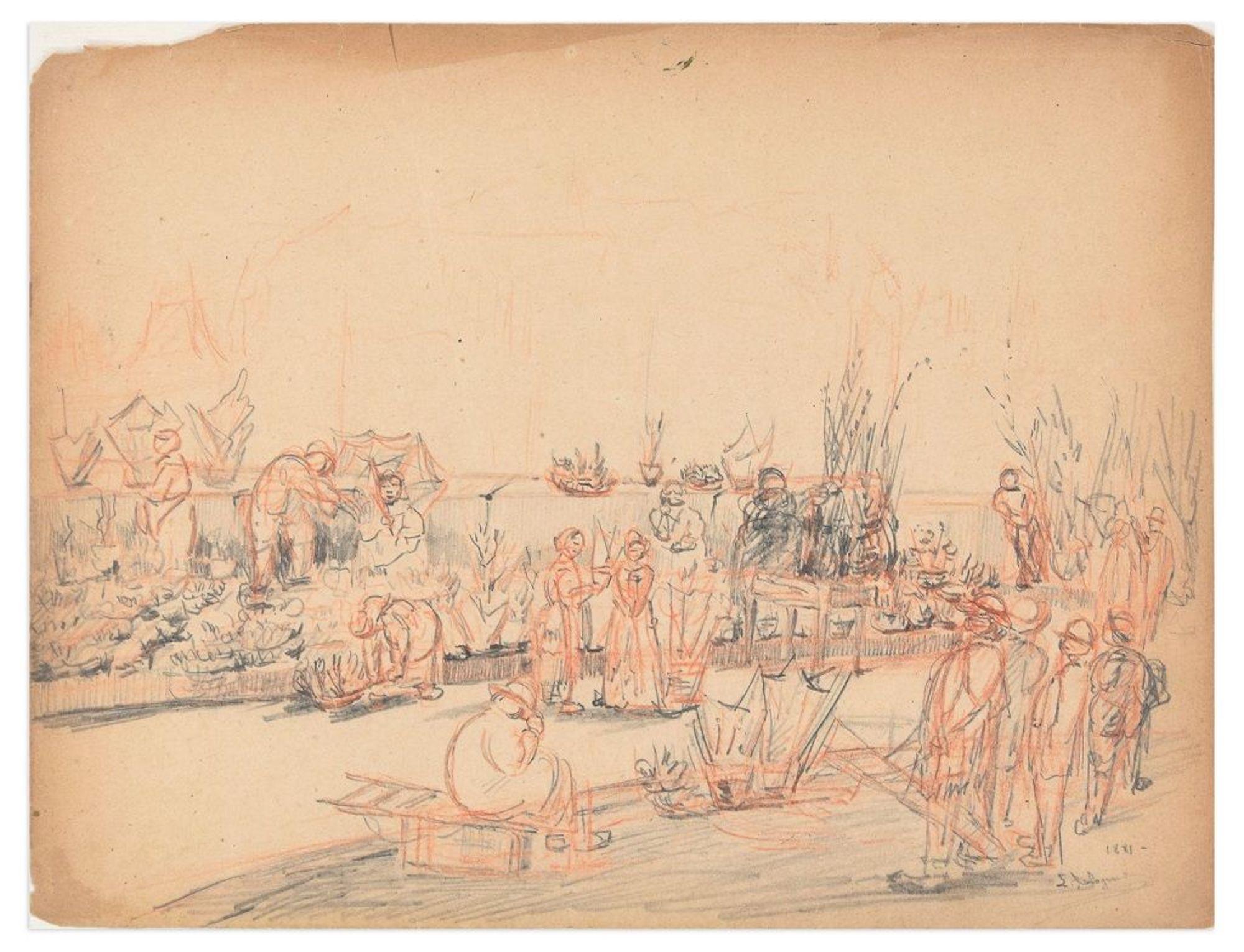 People in the Village is an original artwork realized in 1881. 

Original pencil and colored pencil on paper. Dated and hand-signed on the lower right corner. 

Quite good conditions. Damages on the upper left corner. 

Fresh sketch representing