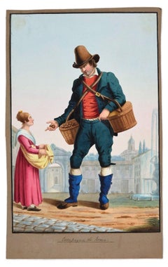 The Peddler - Original Ink and Watercolor by Anonymous Italian Artist - 1800