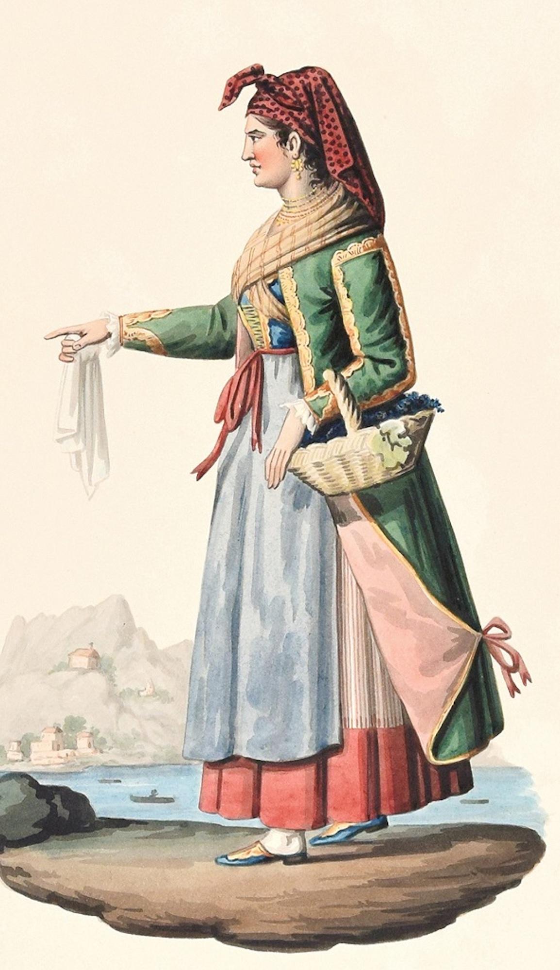 Procida  - Original-Aquarell mit Tusche von M. De Vito - Anfang 1800