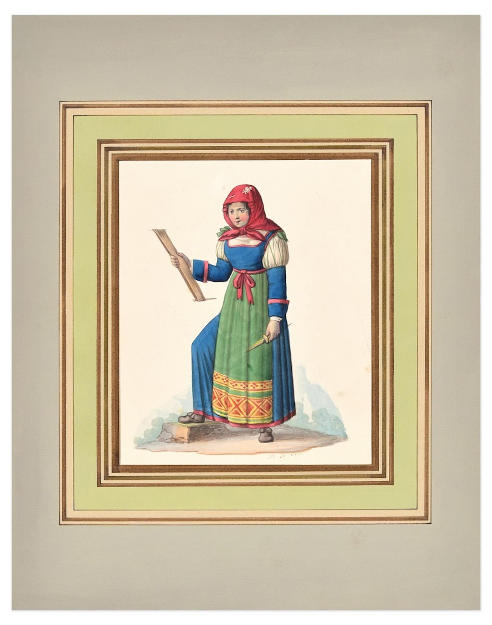 Frau mit Kostüm  Tinte und Aquarell von M. De Vito – Anfang 1800 – Art von Michela De Vito