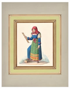 Woman in Costume  - Ink and Watercolor by M. De Vito - Early 1800