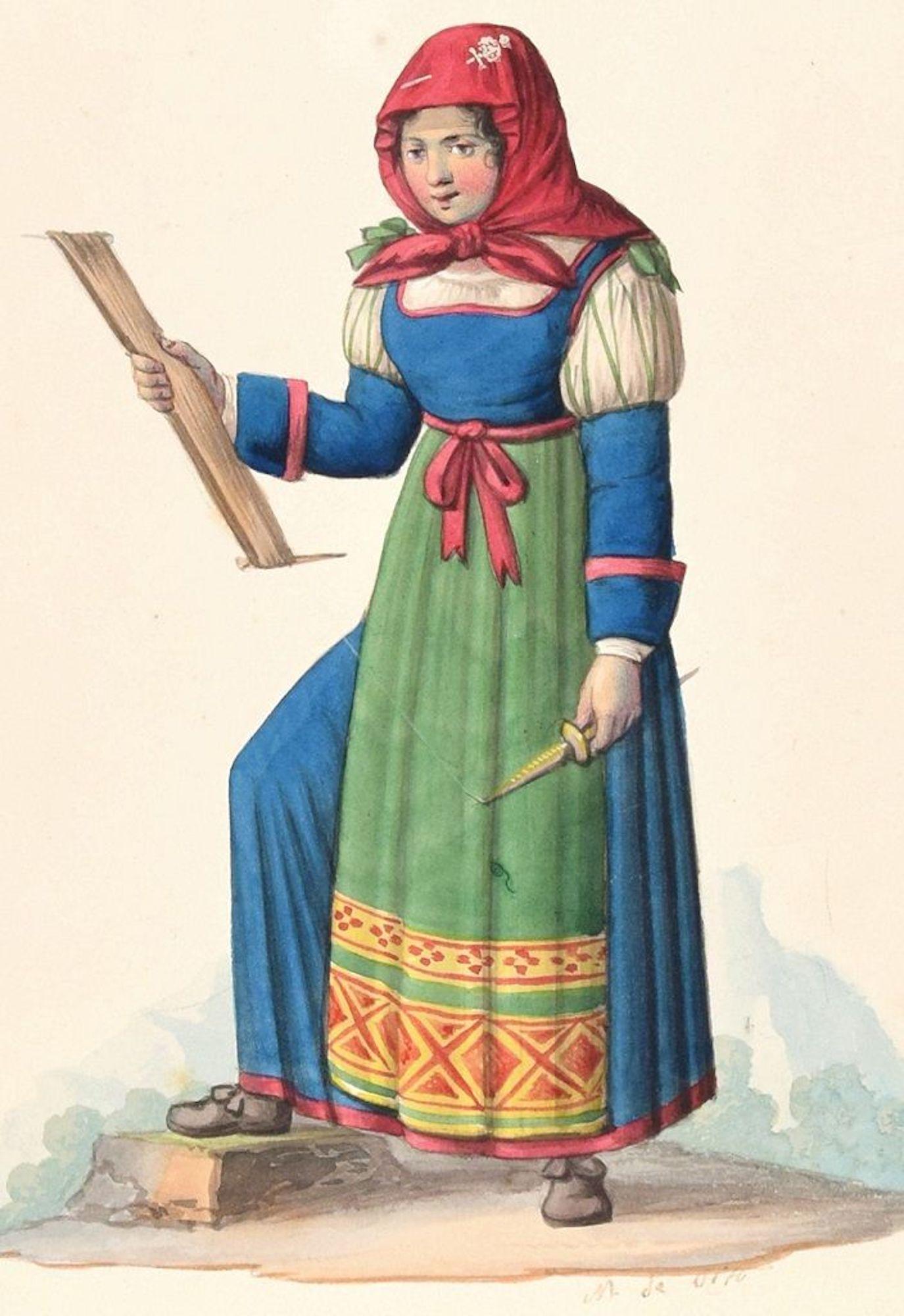 Figurative Art Michela De Vito - Femme en costume  - Encre et aquarelle de M. De Vito - Début 1800