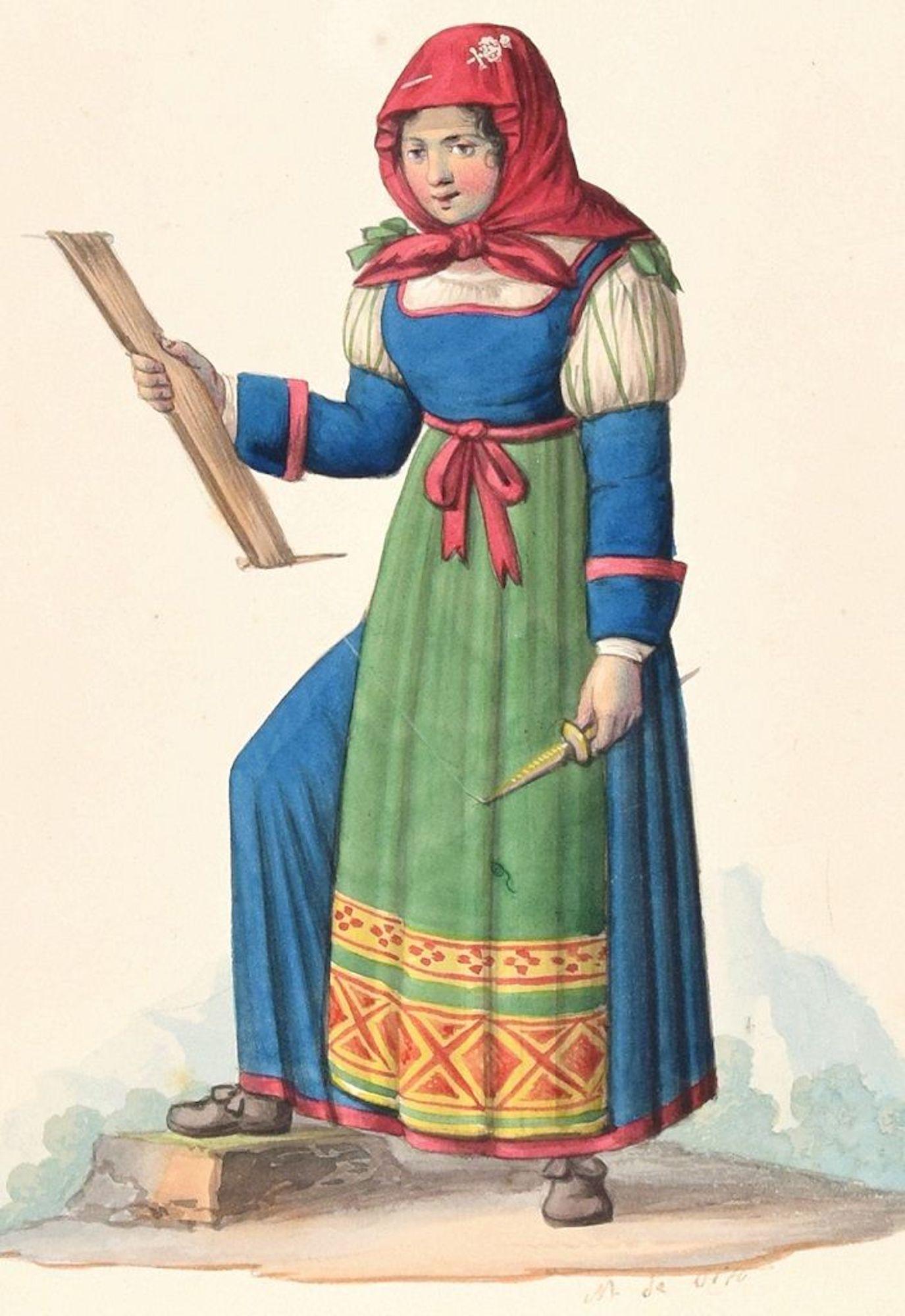 Femme en costume  - Encre et aquarelle de M. De Vito - Début 1800