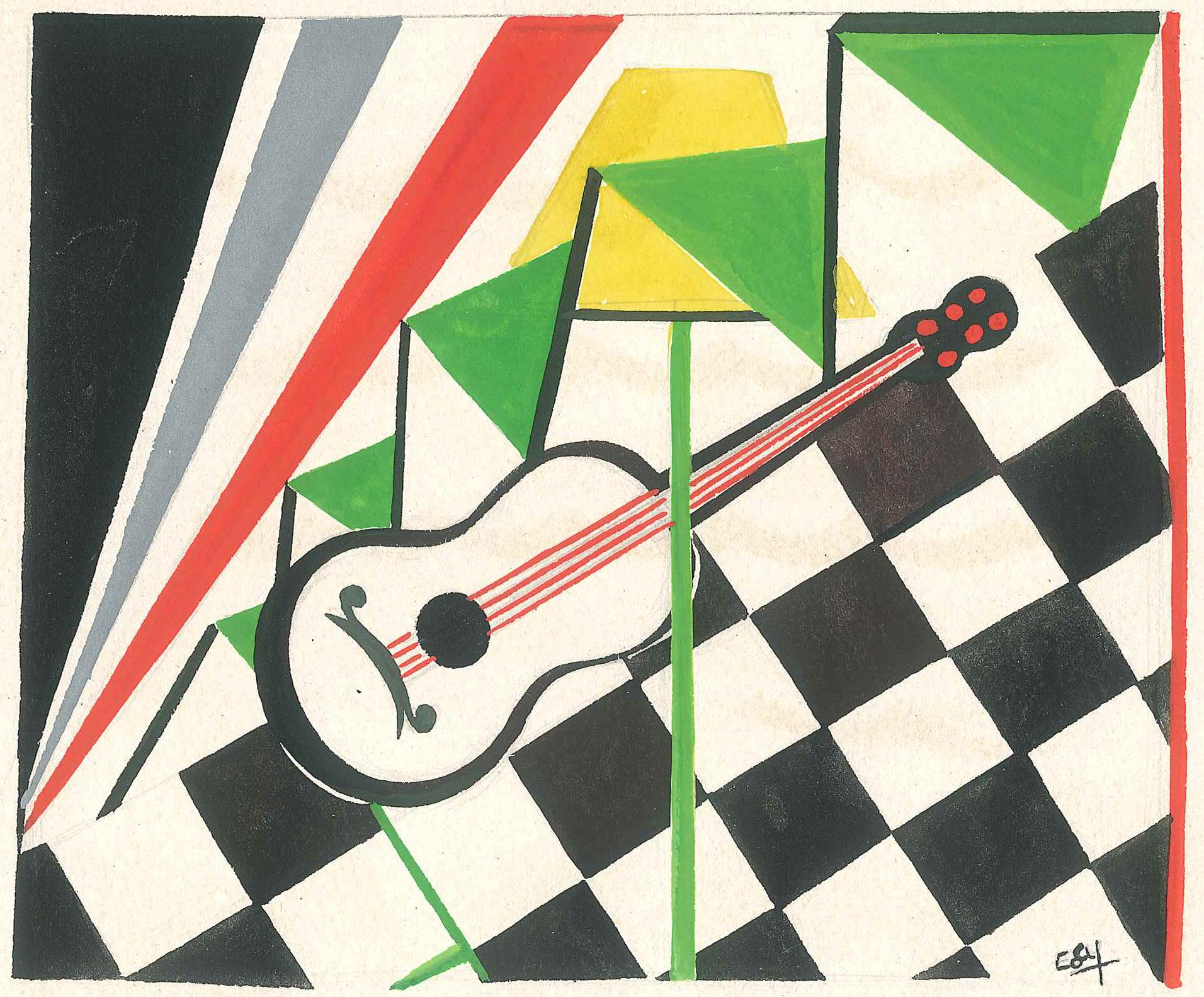 Guitar s a beautiful original tempera painting on ivory-colored paper, realized by Esy Beluzzi the middle of XXI century.

This colorful composition in which a guitar is exalted on a black and white chessboard and colored stripes is realized with