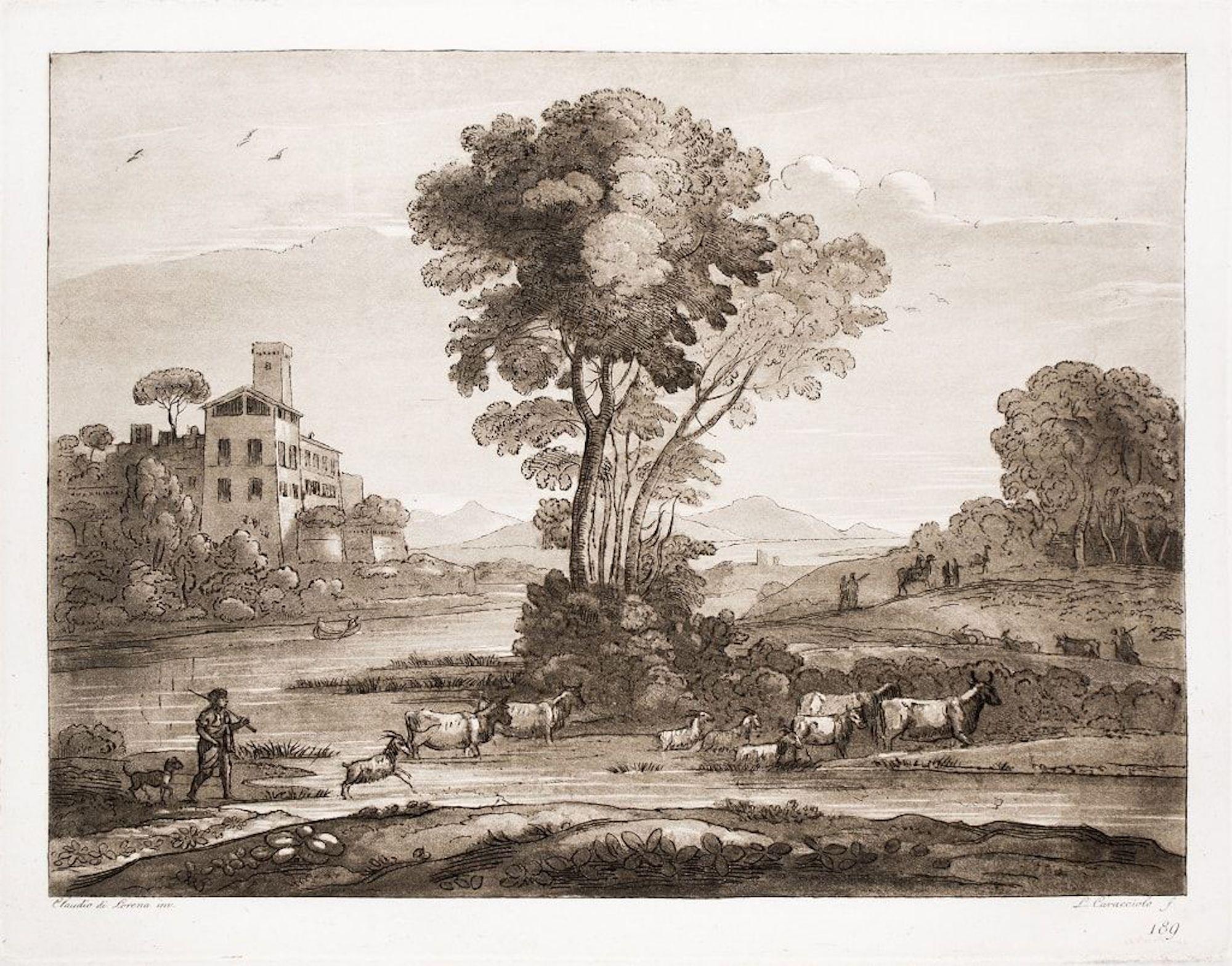 Landscape Print Ludovico Caracciolo - Liber Veritatis - Eau-forte originale B/W d'après Claude Lorrain - 1815