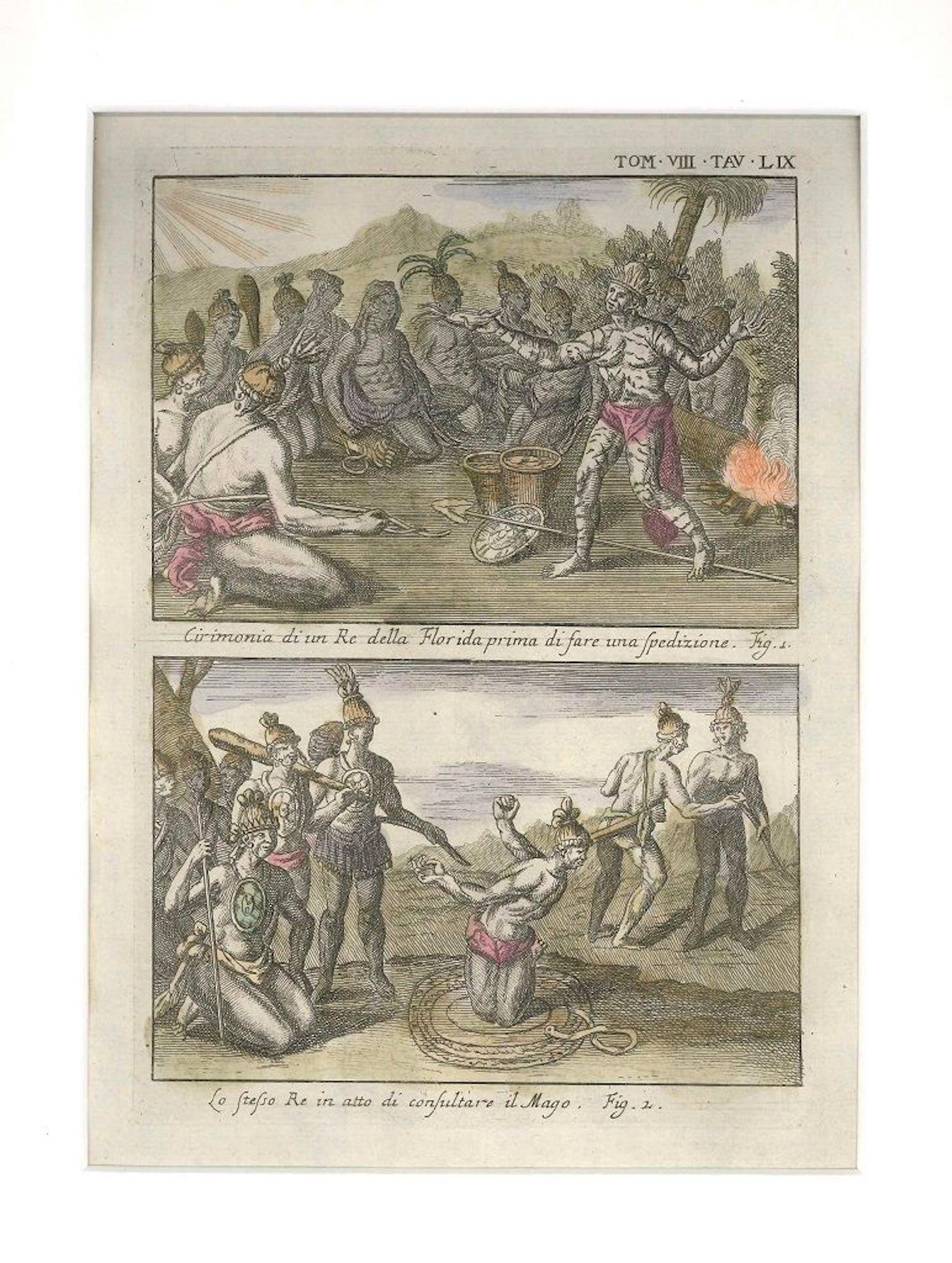 Figurative Print de Gianfrancesco Pivati - Ceremonias de un rey floridano - Aguafuerte de G. Pivati - 1746-1751