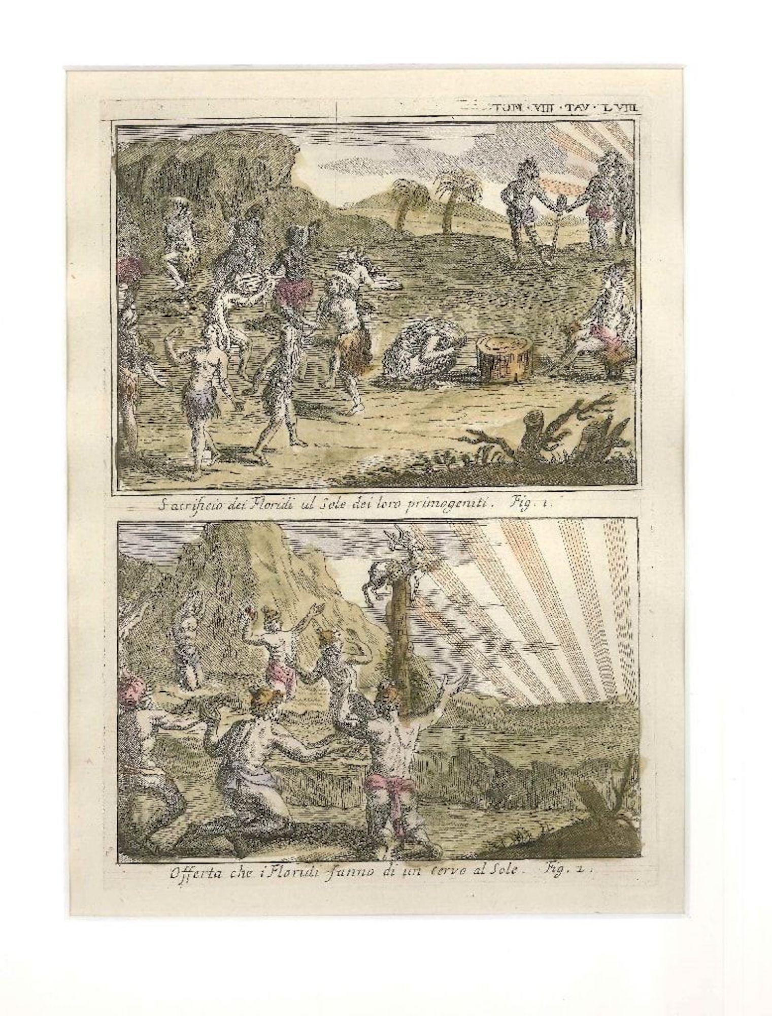 Figurative Print de Gianfrancesco Pivati - Ofrendas y sacrificios al Sol entre los floridanos - por G. Pivati - 1746-1751