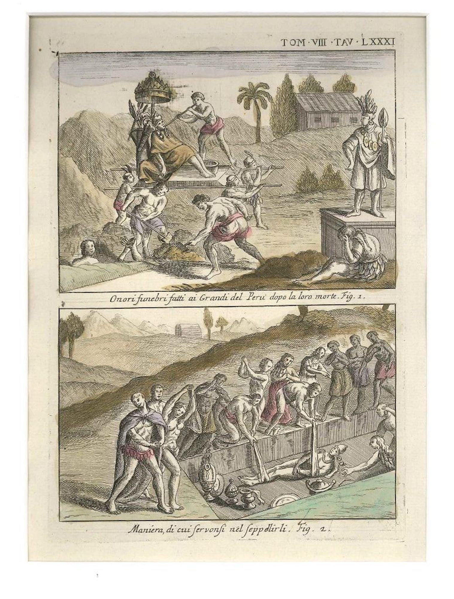 Gianfrancesco Pivati Figurative Print - Funeral Honours and Burial of the Peruvian Leaders - by G. Pivati - 1746-1751