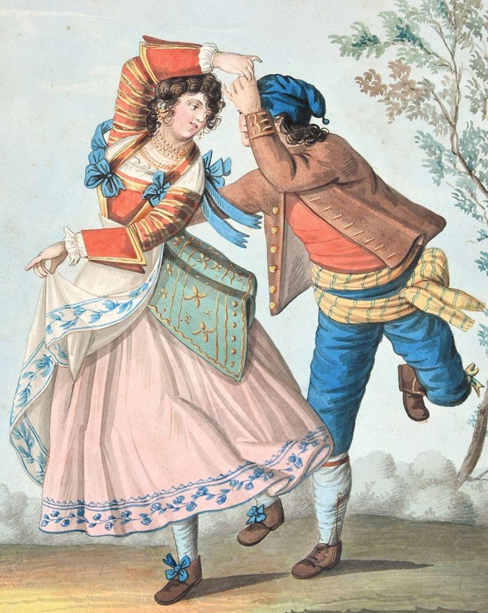 The Dance - Original Ink and Watercolor by Unknown Artist 19th Century