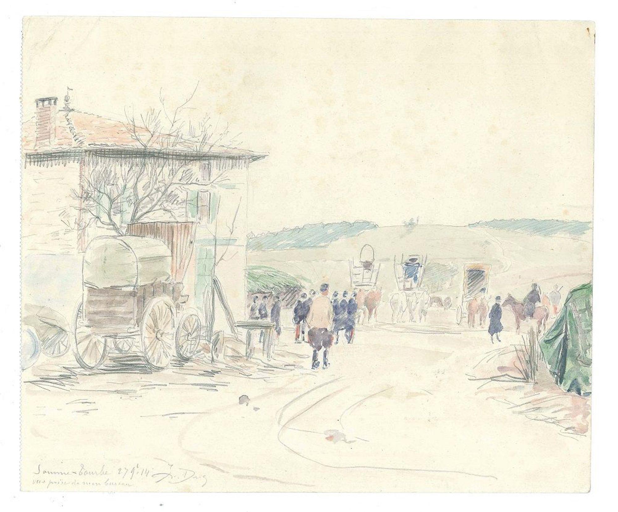 VII Prise de Mon Bureau - Origina Pencil Drawing a Watercolor 1914